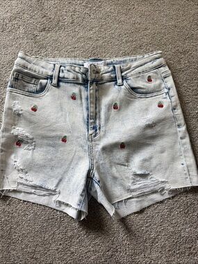 Light Wash Cherry Embroidered Denim Shorts - Women